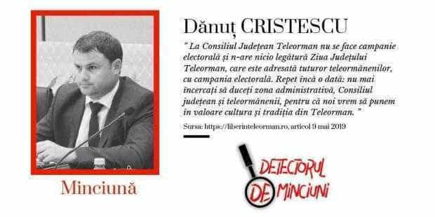 MINCIUNĂ Dănuț Cristescu: ” La Consiliul Județean Teleorman nu se face campanie electorală și n-are nicio legătură Ziua Județului Teleorman, care este adresată tuturor teleormănenilor, cu campania electorală.”