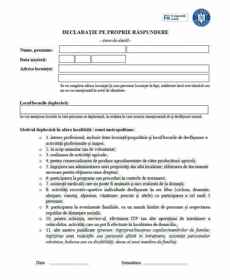 Modelul declarației pe propria răspundere pentru a ieşi din localitatea de domiciliu pe perioada stării de alertă