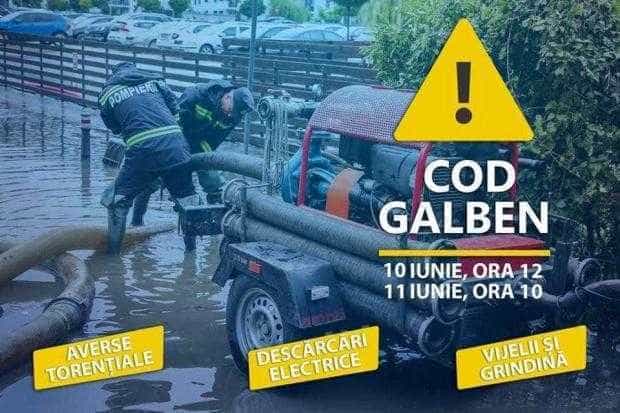 ISU Argeș: Cod Galben de ploi torențiale, vânt și grindină în 32 de județe