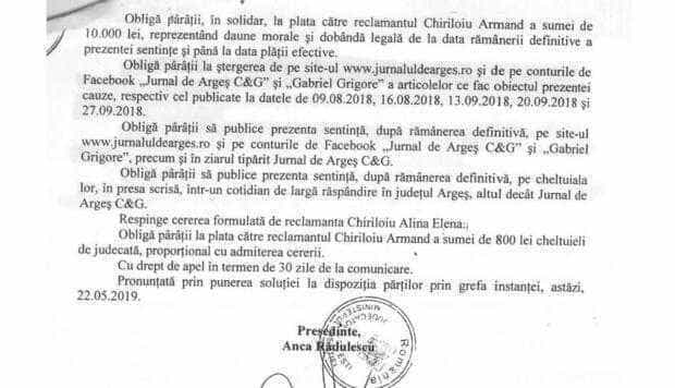 Jurnalul de Argeş a fost obligat de instanţă să publice sentinţa din procesul pierdut definitiv cu directorul Direcţiei Silvice Argeş, Armand Chiriloiu, motiv pentru care ne conformăm