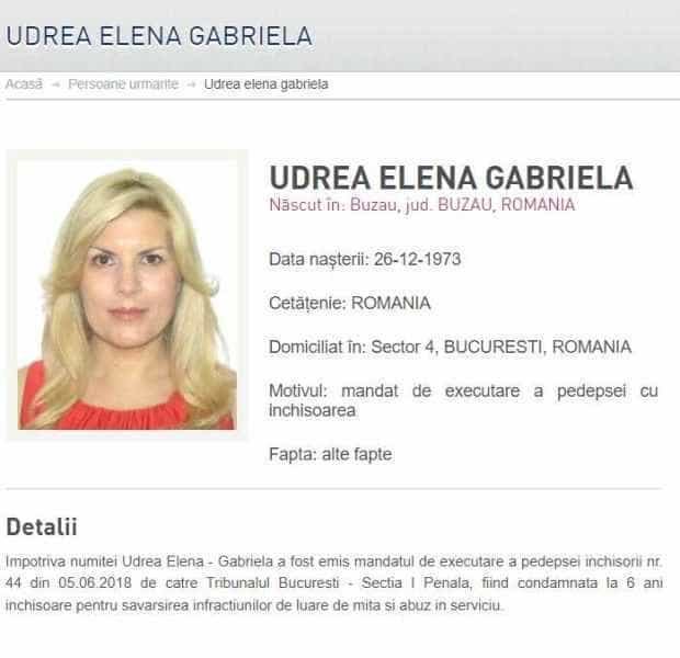 Elena Udrea a fost dată în urmărire generală de către Poliția Română 