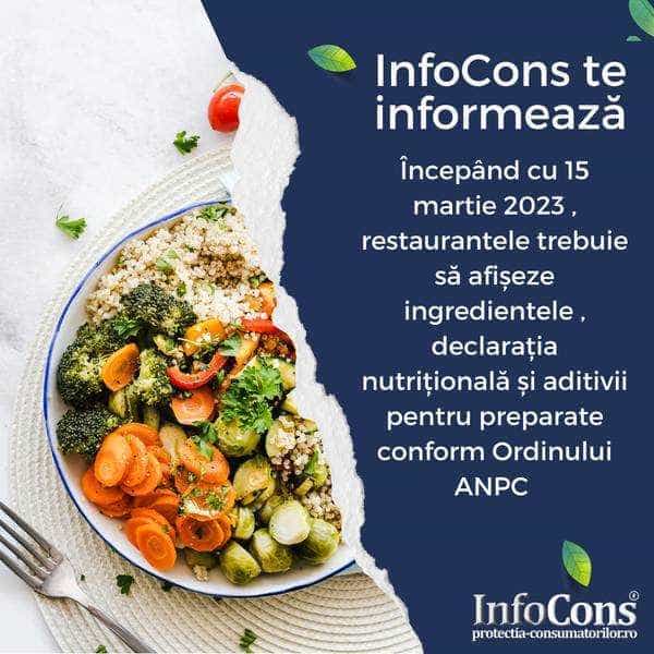Începând cu 15 martie 2023, restaurantele trebuie să afișeze ingredientele, declarația nutrițională și aditivii pentru preparate  