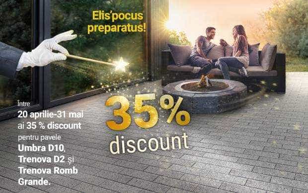 Elis’pocus preparatus! Din praf de stele și rază de soare, Elis Pavaje lansează o promoție fermecătoare! Între 20 aprilie – 31 mai 2023 clienții beneficiază de 35% discount la achiziția pavelelor din beton vibropresat de la Elis Pavaje: Umbra D10, Trenova D2 și Trenova Romb Grande.