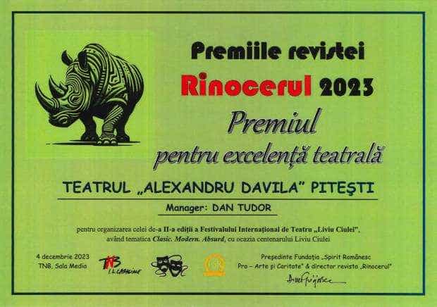 Teatrul „Alexandru Davila” Pitești, premiat la Gala Revistei „Rinocerul”