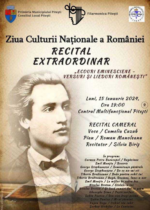Versurile lui Eminescu, la Filarmonica Pitești, de Ziua Culturii Naționale