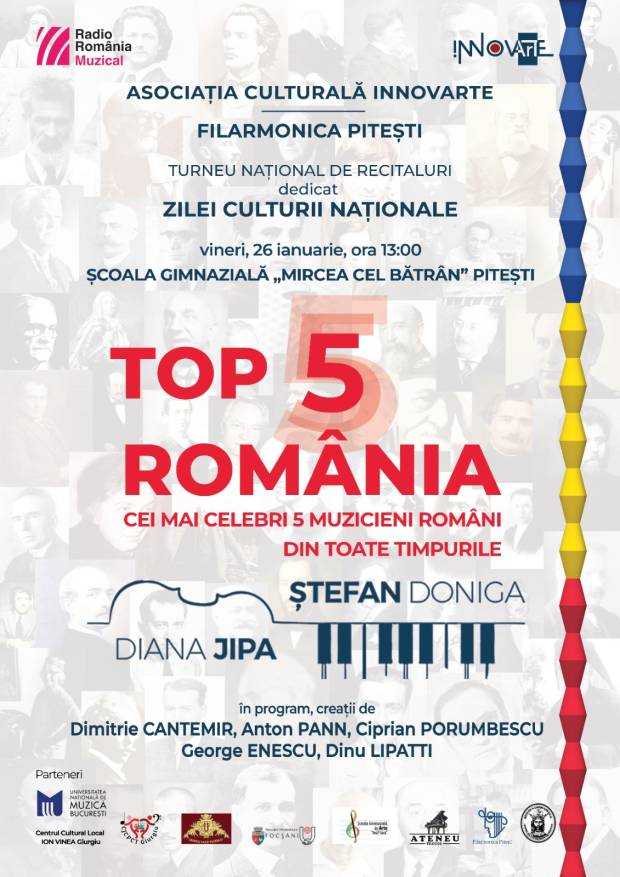 Cei mai faimoși 5 muzicieni români, prezentați elevilor într-un turneu național! Filarmonica Pitești, partener în proiect
