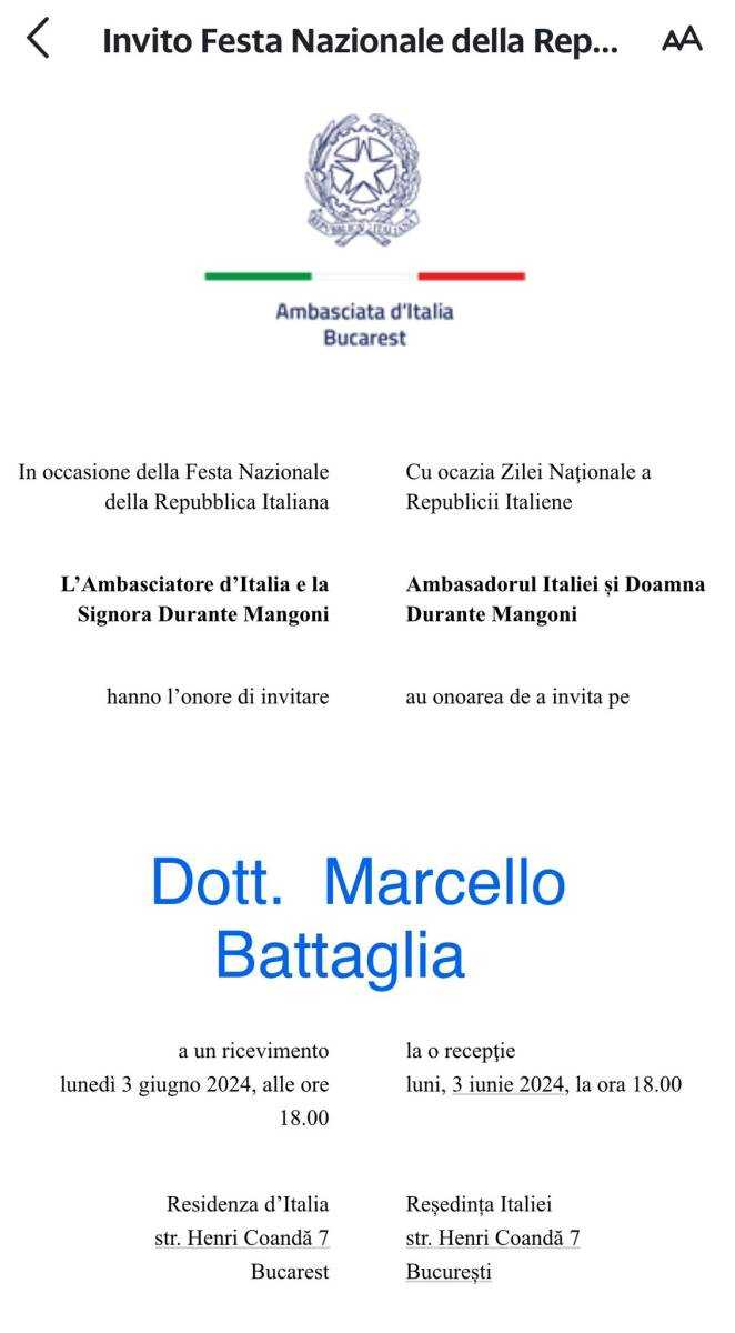 Omul de afaceri Marcello Battaglia, invitat la un eveniment organizat de Ambasada Italiei la București