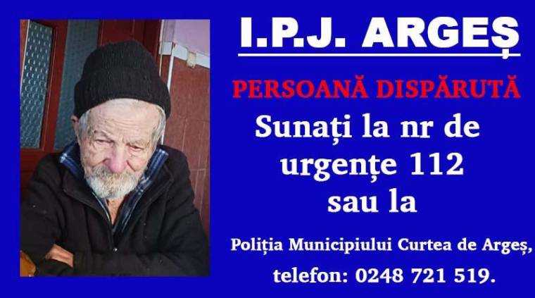 Are 97 de ani și a dispărut. Polițiștii argeșeni îl caută