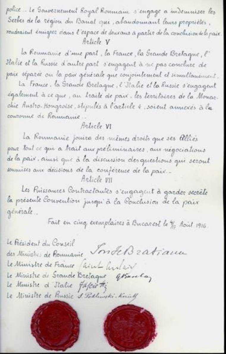 4 August 1916 : S-a încheiat Tratatul de alianță dintre România și Antanta