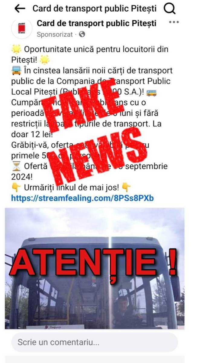 Atenție! Nu accesați linkul „Card transport public Pitești”, postat pe Facebook