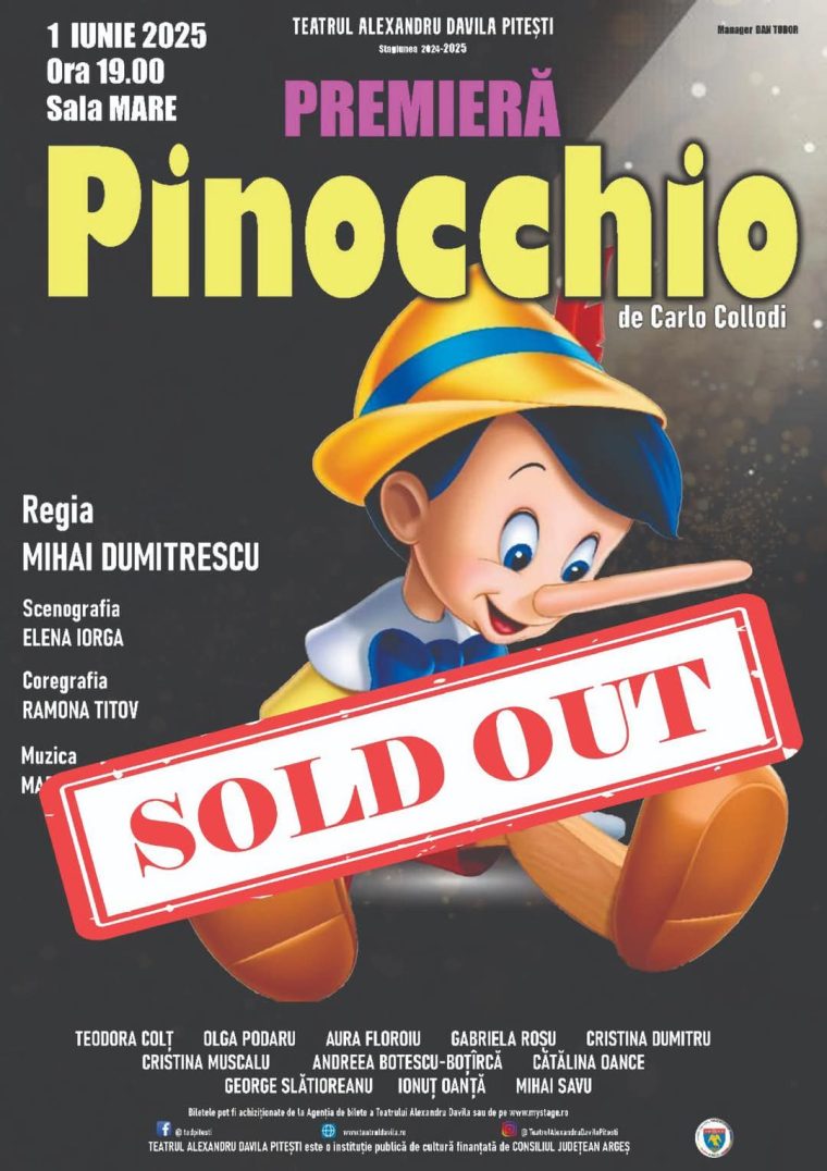Biletele pentru spectacolul „Pinocchio” din data de 1 iunie s-au epuizat,  anunță Teatrul „Alexandru Davila”