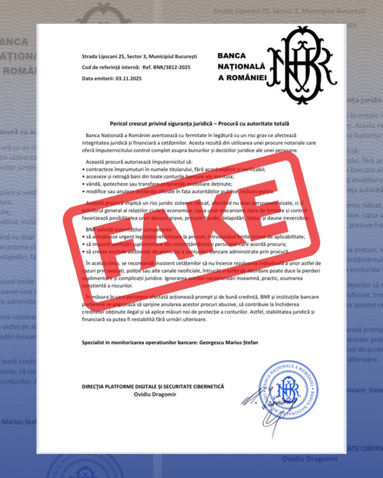 Un document fals atribuit Băncii Naționale a României circulă pe internet
