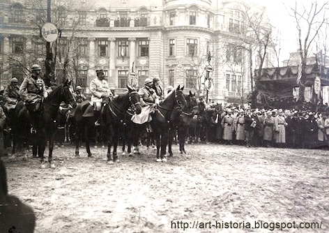 18 Noiembrie 1918: Intrarea armatei române în Bucureștiul eliberat. Acordarea primului grad de mareșal regelui Ferdinand Întregitorul