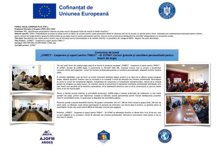 „CONECT – Cooperare și suport pentru TINEri!” – ID 337967: Cursuri gratuite și consiliere personalizată pentru tinerii din Argeș