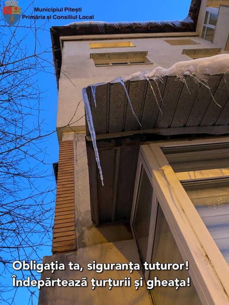 Amenzi la Pitești pentru cei care nu curăță gheața și țurțurii